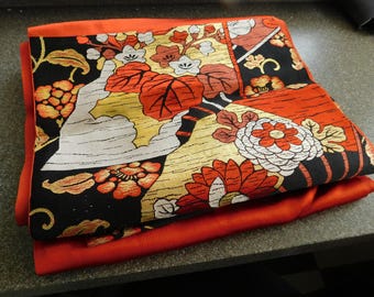 Vintage Japanese Fukuro Obi - Black W/ Metallic Embroidery
