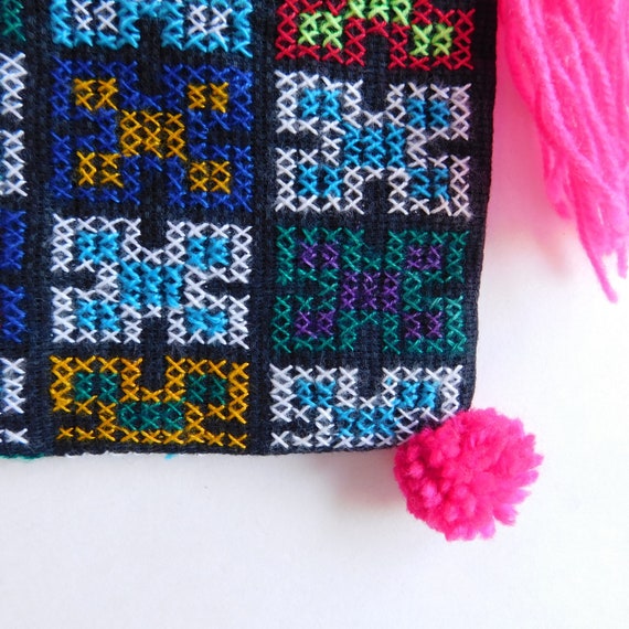 Vintage Hmong Tiny Cross Stitch Small Purse - Hand Embroidered Ethnic Folk Art - Pink Tassels, Shoulder Strap - Zipper Closure - Lined View 4