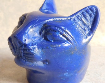 Vintage Lapis Lazuli Hand-Carved  Cat's Head Paperweight - Bastet Egyptian Goddess of Protection - Bright Blue, Gold Shimmer - Free Shipping