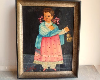 Vintage Signed Agapito Labios Original Oil Painting - Folk Art Portrait of Little Girl - Framed - Small 8 x 10 - Free US Shipping