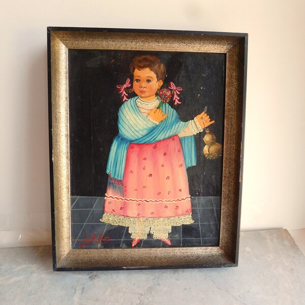 Vintage Signed Agapito Labios Original Oil Painting - Folk Art Portrait of Little Girl - Framed - Small 8 x 10 - Free US Shipping