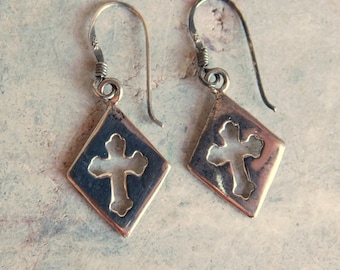 Vintage Sterling Silver Dangle Earrings - Diamond-Shape w/ Cut-Out Cross - Religious Christian Jewelry - Pierced Earrings - Free US Shipping