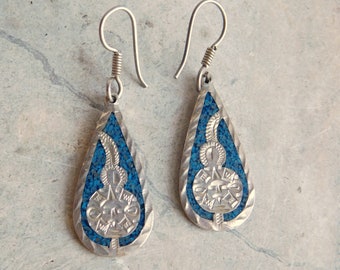 Vintage Mexican Sterling Silver and Turquoise Mosaic Dangle Teardrop Earrings w/ Engraved Gourd Design - Mosaico Azteca - Free Shipping