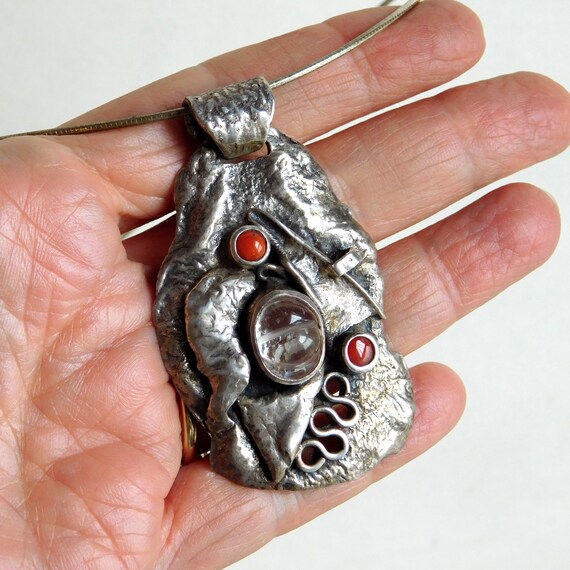 アクセサリー Vintage stone silver necklace Vintage Sterling Silver Brutalist Pendant Necklace With