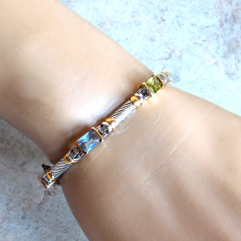 Red Green Blue Purple Yellow Cubic Zirconia Stones Vintage Rainbow Faux Gemstone Link Bracelet Open Backs Goldtone and Silvertone