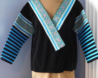 Vintage Hmong Thai Hand-Sewn and Embroidered Black Velvet Jacket - Southeast Asian Tribal Ceremonial - Blue Striped Sleeves - Cross Stitch