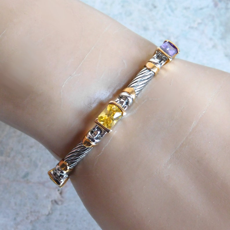 Red Green Blue Purple Yellow Cubic Zirconia Stones Vintage Rainbow Faux Gemstone Link Bracelet Open Backs Goldtone and Silvertone