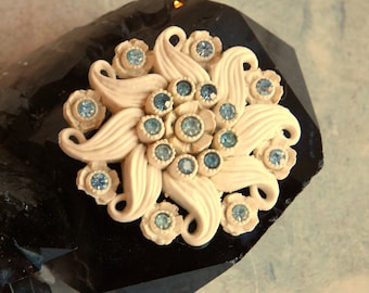 Vintage 1940s Celluloid Brooch with Rhinestones - Creamy Stylized Flower Form, Pale Blue Stones - Mid-Century - - Free US Shipping