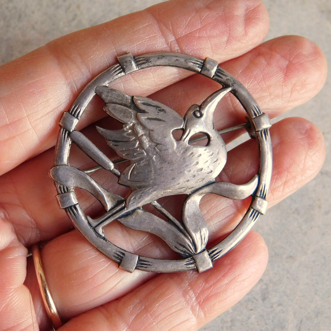 Broche Moderniste Artisanale En Onyx Noir Et Argent Sterling 925 - Signée P West - USA