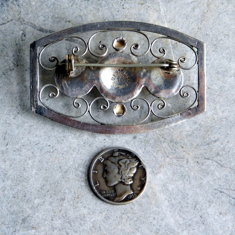 Vintage Mexican Sterling Silver Filigree Brooch Signed Mexico City Distrito Federal 1940s Mid-Century Modernist Silver Pin