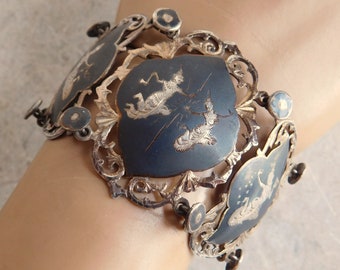 Vintage Siam Silver Niello Bracelet - Sterling Silver Link Bracelet - Mekkala and Ramasoon - 1950s-1960s Mid Century - Free Shipping
