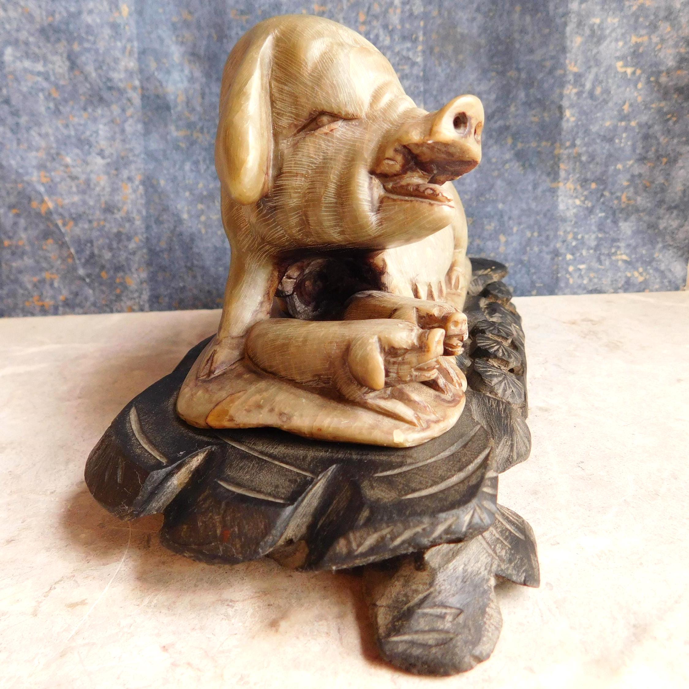 Vintage to Antique Chinese Carved Soapstone Pig W/ Piglets