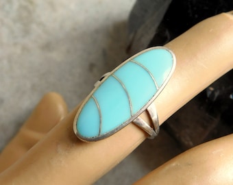 Vintage Signed Norman Lee Navajo Inlaid Turquoise Sterling Silver Ring - Size 6-1/2 - Slender Oval, Expert Inlay Work - Free US Shipping