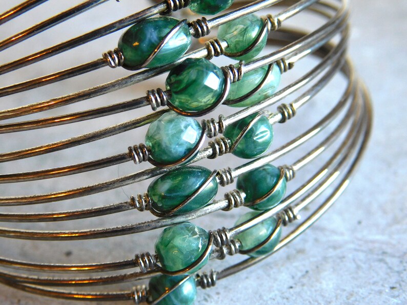 Wide Silver Wire Cuff 15 wires 14 beads Vintage Silverplate Multi-Wire Cuff Bracelet w Green Glass Beads Faux Jade Boho Cuff