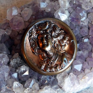 Vintage Art Nouveau Style Lady-Head Brooch - 1970s Revival Embossed Repousse Pin - Pressed Goldtone Metal - Woman w/ Flowing Hair - Patina