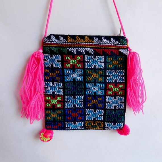 Vintage Hmong Tiny Cross Stitch Small Purse - Hand Embroidered Ethnic Folk Art - Pink Tassels, Shoulder Strap - Zipper Closure - Lined