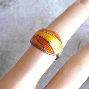 Vintage David-Andersen Norway Sterling Silver Ring w/ Orange & Yellow Guilloche Enamel Stripes - Mid-Century Modern 1960s - Free US Shipping