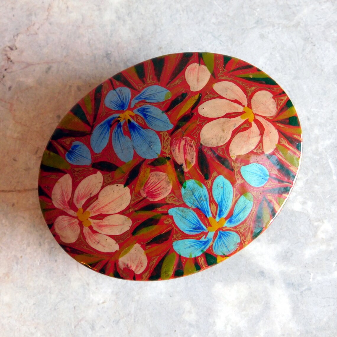Vintage Lacquered Papier Mache Trinket Box Handpainted W/ Etsy