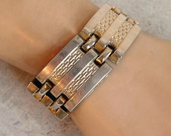Vintage Maxann Chunky Link Bracelet - Mid-Century Modern MCM - Silver- and Goldtone - Circa 1950 - 1" Wide - Modernist - Free US Shipping