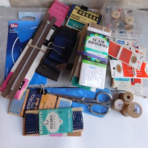 Vintage Mid-Century Sewing Notions Lot - Solingen Germany Scissors - Seam Binding - Ric--Rac - Needles - Bobbins - Zippers - Wooden Spools