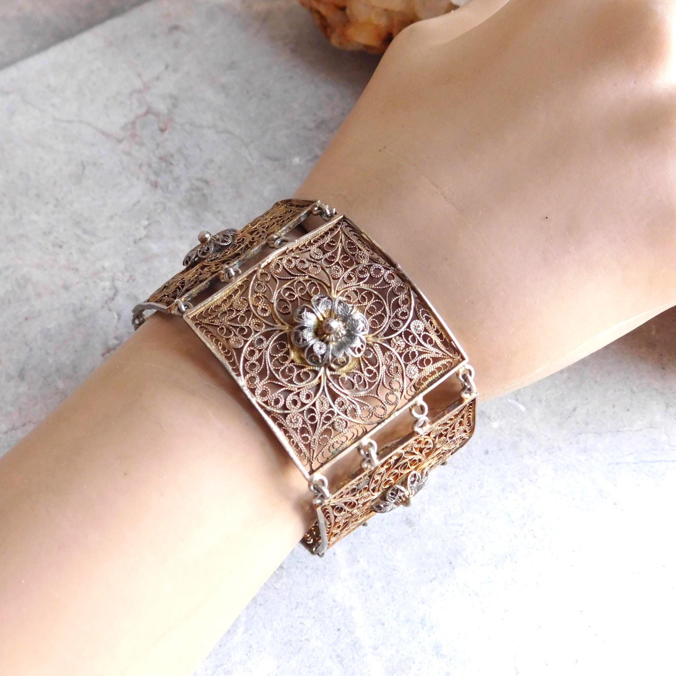 Antique 800 Silver Cannetille Wide Panel Bracelet - Vermeil Gold