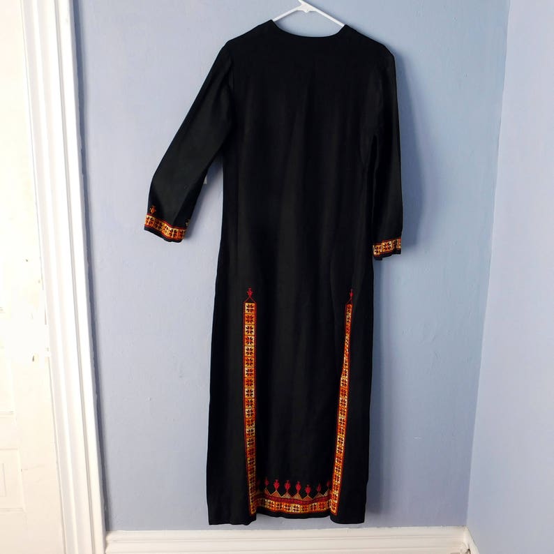 Long Sleeves Bedouin Style Middle-Eastern Vintage Cross-Stitch Caftan Handmade Orange and Gold on Black Small to Medium Size