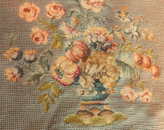 Vintage to Antique Needlepoint Chair or Stool Cover - Petit-Point Floral Design - Unframed - Expertly Stitched - Free US Shipping