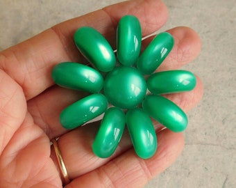 Vintage Bright Teal Green Moonglow Acrylic Brooch - 1960s Flower Power Pin - Clear Lucite Backing - 3-D - Fab Condition - Free US Shipping