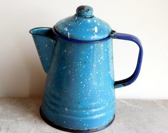 Vintage Light Blue Graniteware Small Coffee Pot - Speckled Enamelware Agateware - Primitive Rustic - Country Farm Kitchen - Holds Water