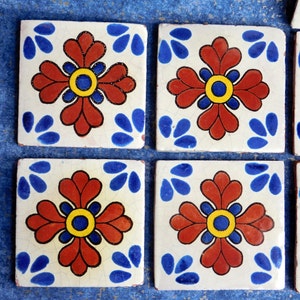 Vintage Mexican Redware Ceramic Hand-Painted Tile - Catalina-Style Tile - Mexican Floral Tile - 4" Square Handmade Tile - Buy From 1 to 9