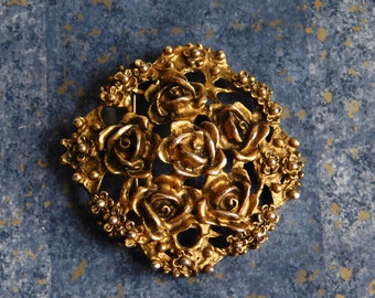 Vintage Large Goldtone Rose Bouquet Brooch - Openwork Cast Metal - 1930s Pin - Dimensional 3-D Naturalistic Roses - Gold Washed