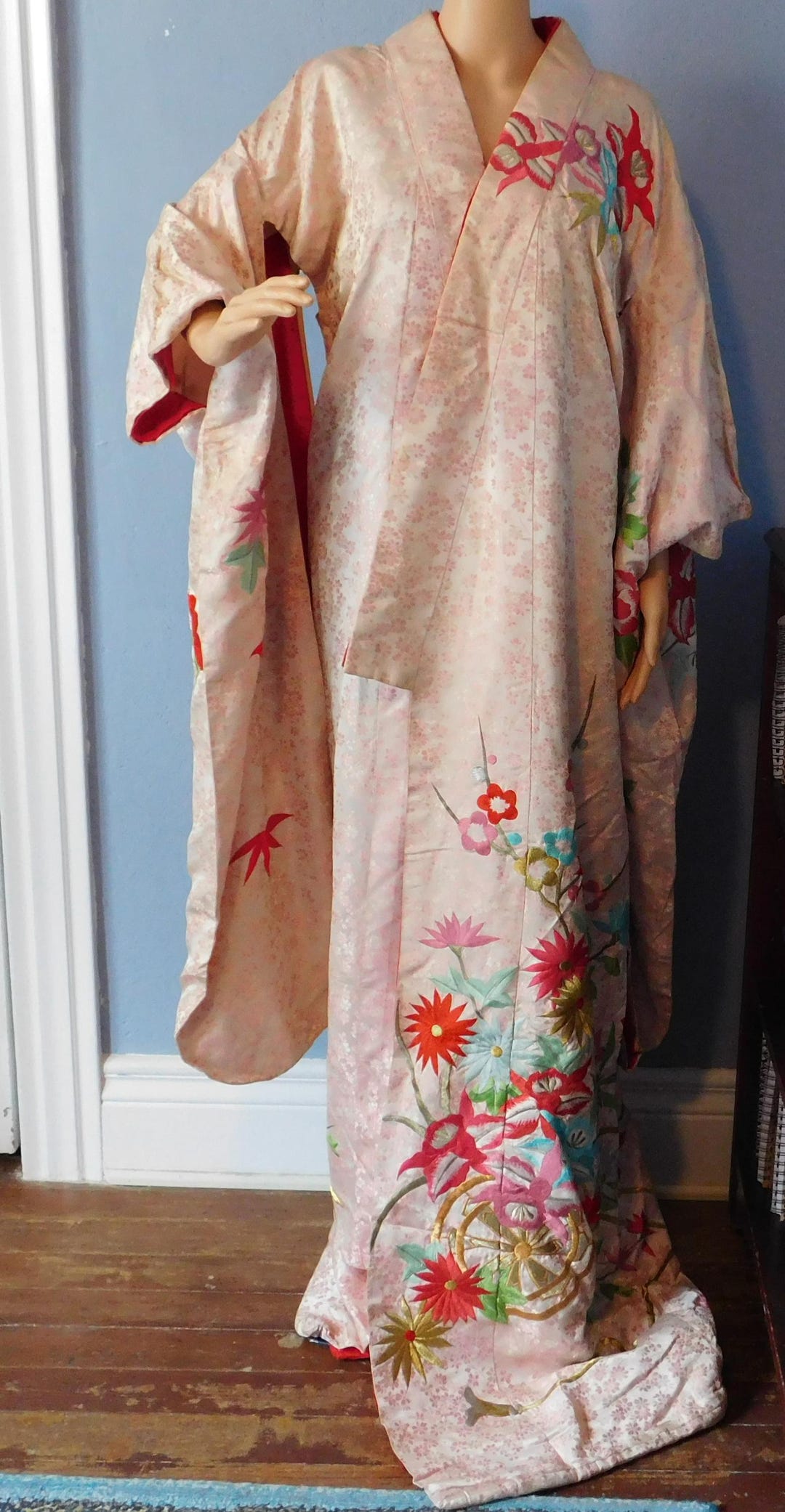 Vintage Special Occasion Pink Floral Japanese Silk Kimono Robe - 1950s ...
