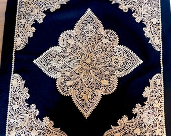 Vintage Kashmir-Style Ornate Embroidery Piece - Gold Silk on Black Felt - For Wall Hanging or Pillow Top - Ethnic Needlework - 18.75" Square