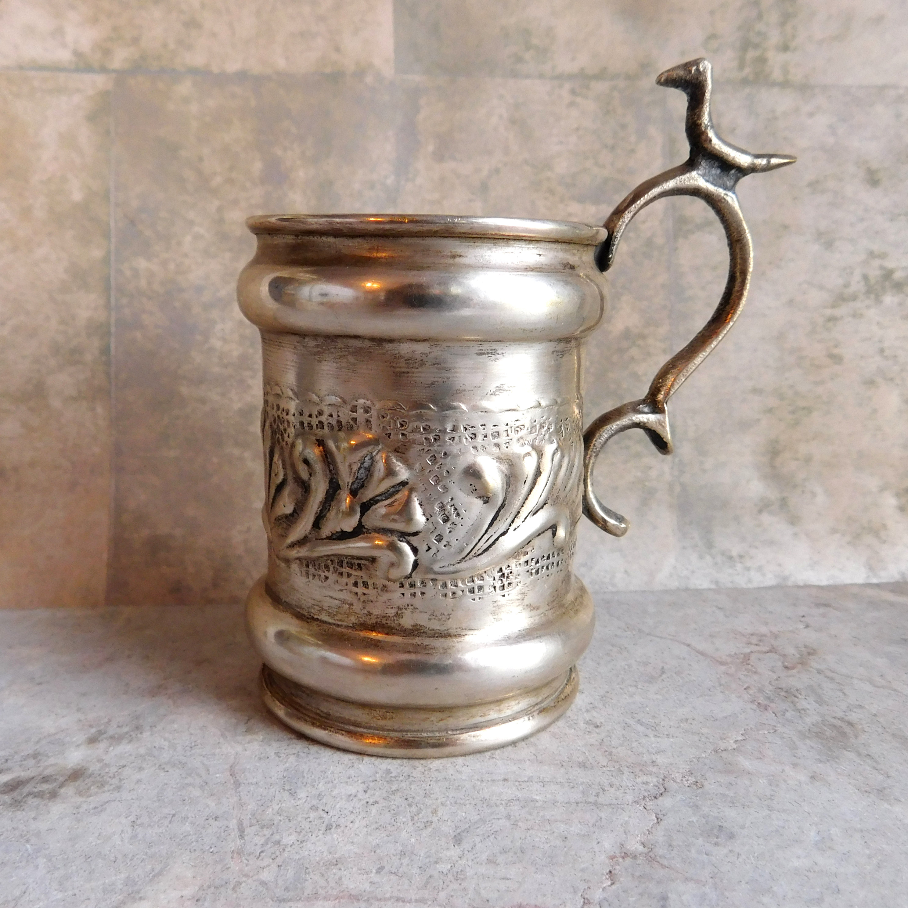 Vintage to Antique Embossed Silverplate Mini-Tankard / Flagon / Stein / Cup - Repousse - Bird on Handle - Hand-Stamped - Free US Shipping
