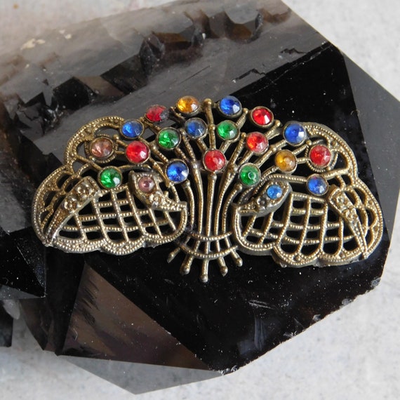 Vintage Bohemian Czech gold tone bow pin brooch crystal black rhinestones 