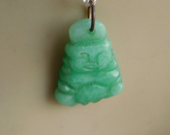 Vintage Hand-Carved  Pale Green Jadeite Jade Smiling Buddha Pendant Necklace - 18-inch Silver-Plate Chain - Free US Shipping