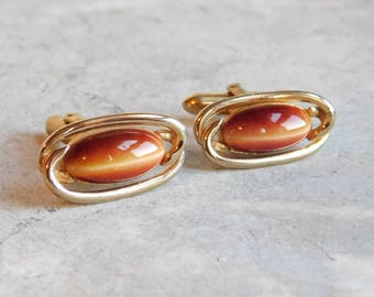 Vintage Swank Mid-Century Modern Red Cat's Eye Oval Cuff Links - Goldtone Metal w/ Iridescent Cabochons - 1960s Men's Accessory - Modernist