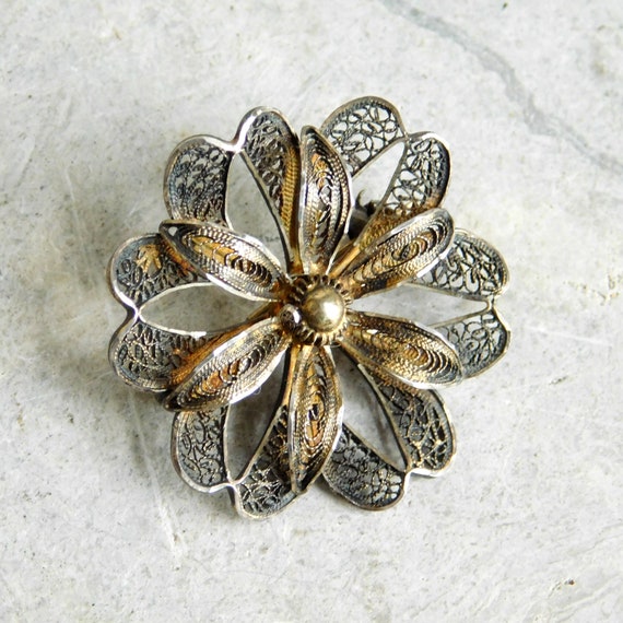 Gold Plated Sterling Silver Safety Pin Brooch with Hanging Flowers