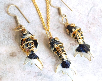 Vintage Chinese Articulated Cloisonné Enamel Fish Pendant Necklace and Earrings