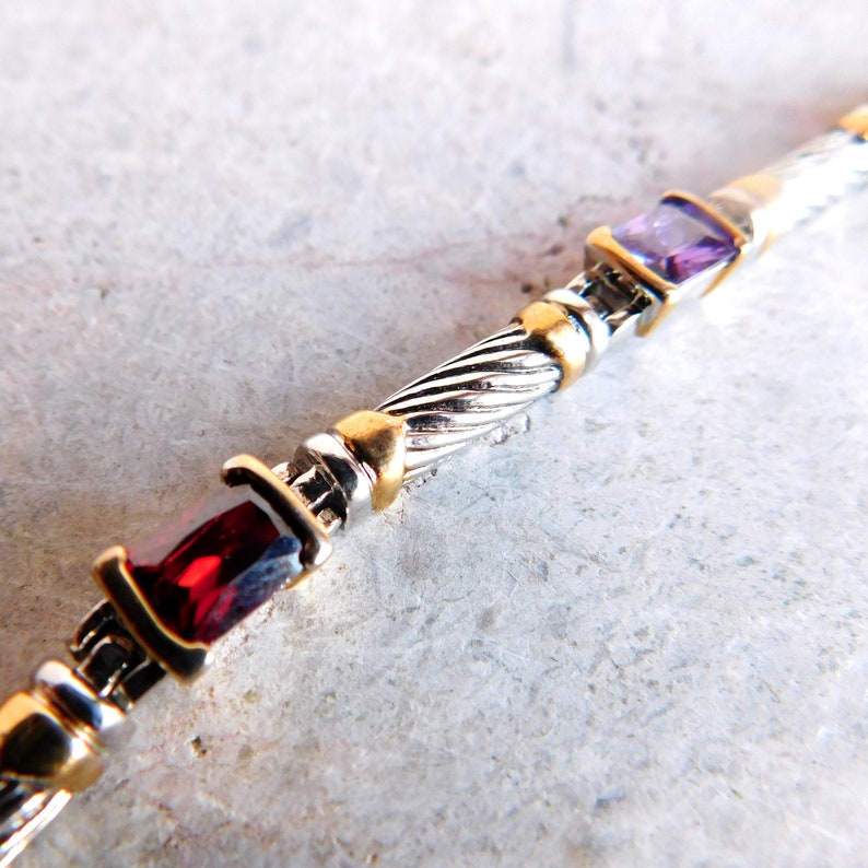 Red Green Blue Purple Yellow Cubic Zirconia Stones Vintage Rainbow Faux Gemstone Link Bracelet Open Backs Goldtone and Silvertone