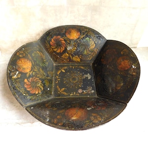 Vintage to Antique Stenciled Toleware Bowl - Folk Art Hand Painted Floral on Black - Fruit Bowl Bread Bowl Catchall - Free US Shipping