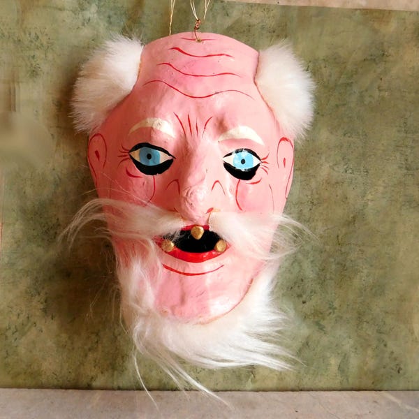 Vintage Mexican Folk Art Paper Mache Dance Mask - Old Man Snaggletooth - Huehues - Free US Shipping