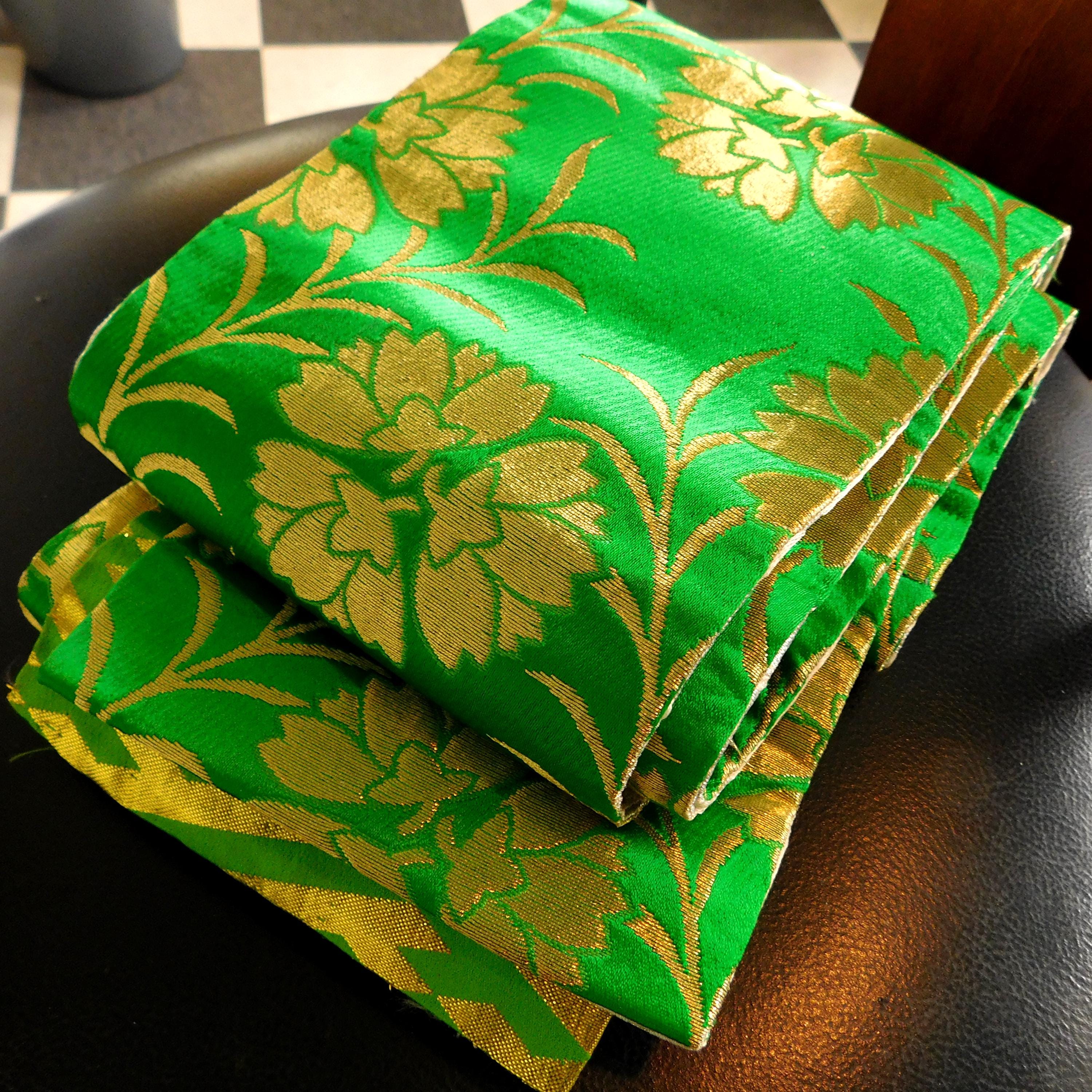 Yellow green floral Upcycled reused hand crafted silk Japanese inspired Obi belt N0913F Vintage Japanese Kimono Shiny Green FUKURO OBI sash  main image 4