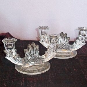 Pair of Vintage Fostoria Baroque Candlesticks Etched Meadow Rose Pattern - 2-Light Candle Holders - Fostoria Glass - Depression Glass
