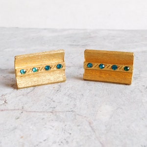 5 Dollar Sale -Vintage Goldtone Cuff Links w/ Dark Green Rhinestones - Textured Gold Metal Rectangles - 1960s Men&#39;s Jewelry - Mid-Century