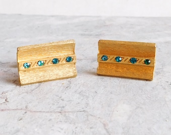 Vintage Goldtone Cuff Links w/ Dark Green Rhinestones - Textured Gold Metal Rectangles - 1960s Men's Jewelry - Mid-Century Modern Accessory