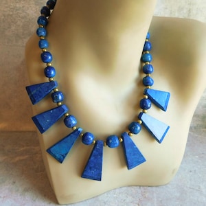 Vintage Lapis-Lazuli Bib Necklace - Large Triangular Slabs - Brass Spacer Beads