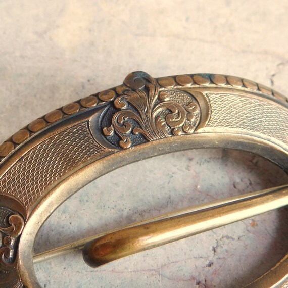 Antique Victorian Large Brass Buckle-Shaped Brooc… - image 3
