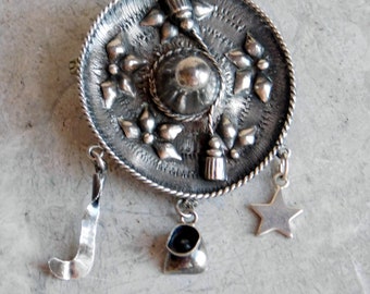 Vintage Antique 900 Coin Silver Mexican Hat Brooch w/ Dangles - Finely-Worked Almost-Sterling Silver Pin from Mexico - Large