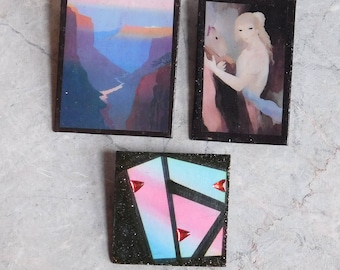 Lot of 3 Artisan-Made Wearable Art Brooches - 2 Lithographed Scenes, 1 Abstract Original Painting w/ Embellishments - Landscape, Portrait